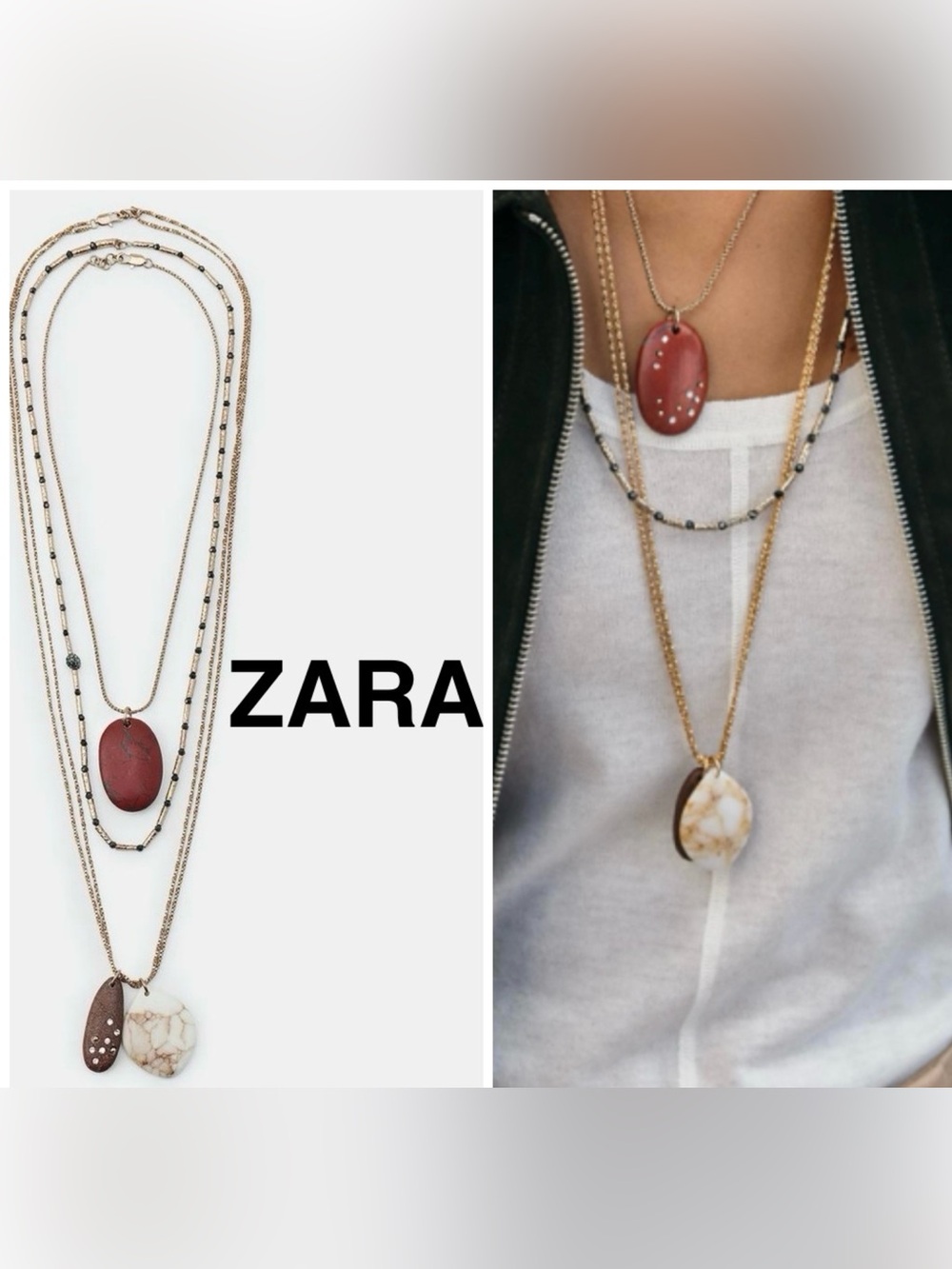 ZARA 3-Pk Layered Gold Necklace with Red and Cream Stone Pendants - NEW